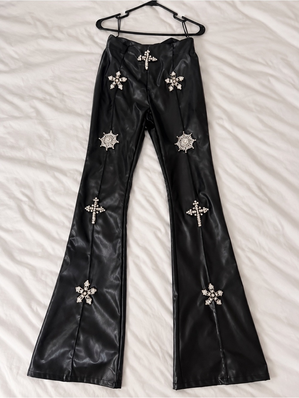 Black Embellished Faux Leather Flared Pants